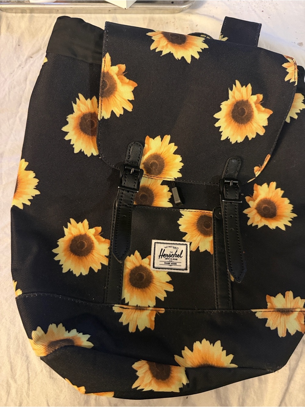 Herschel Supply Company Black Backpack with Yellow Sunflower Print